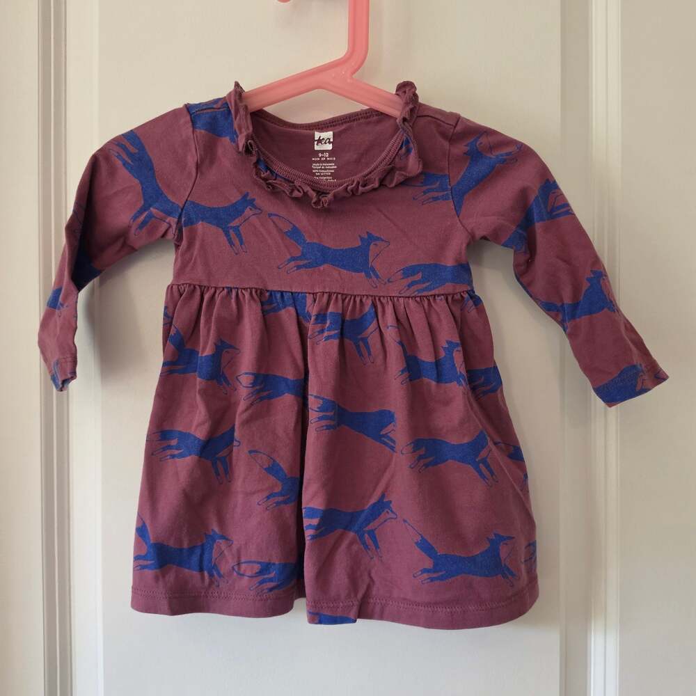 Tea Collection Baby Girl 9-12M Fox Print Dress Mauve Blue Long Sleeve Cotton